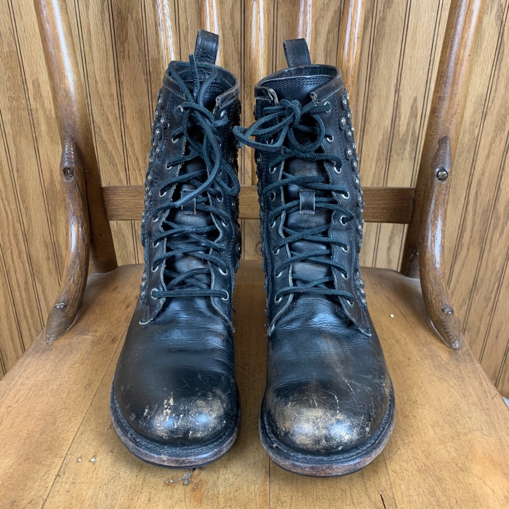 Studded Black Leather Lace-Up Combat Boots - Picture 3 of 7